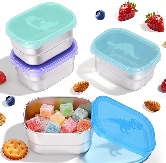 4×8oz Small Stainless Steel Snack Containers for Kids & Toddlers - 230mL Leakproof Food Containers with Cute Dino Lids | LFGB Certified, Stackable Metal Snack Box for Daycare, School, Travel