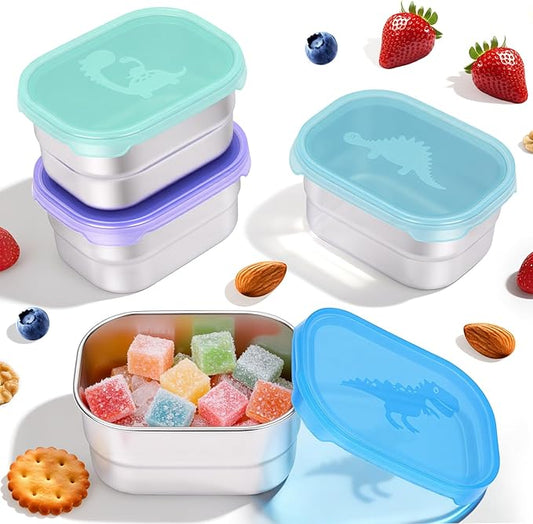 4×8oz Small Stainless Steel Snack Containers for Kids & Toddlers - 230mL Leakproof Food Containers with Cute Dino Lids | LFGB Certified, Stackable Metal Snack Box for Daycare, School, Travel