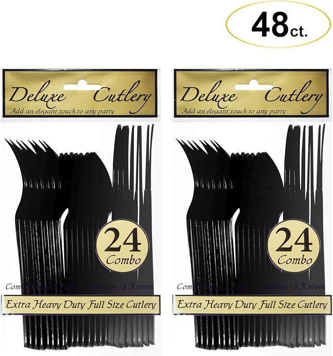 Party Essentials Extra Heavy Duty Hard Plastic Cutlery Combo Pack, Full Size Knives/Forks/Spoons, Black, 48-Pieces/ 16-Place Settings (N1224BK-2)