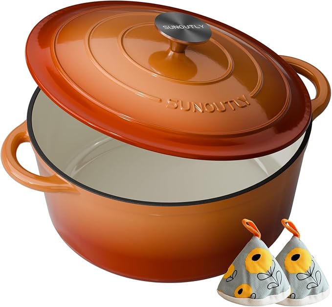 Enameled Cast Iron Dutch Oven - 6QT Dutch Oven Pot with Lid & Cotton Potholders - Heavy-Duty Non Stick Casserole Pot for Braising, Stews, Roasting, Baking, Suitable for All Stovetops, Vibrant Orange