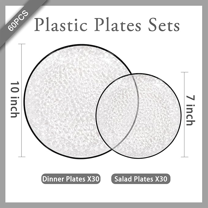 Rubtlamp 60Pcs Black Plastic Plates, Black Heavy Duty Graduation Plastic Plates, Clear Disposable Party Plates, Hammered Fancy Plates Include 30 Dinner Plates, 30 Salad Plates For Graduation Party