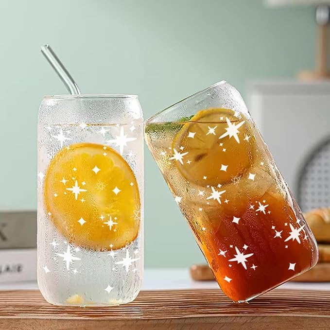 Glass Cups with Lids and Straws 2 Pack, Mason Jar Drinking Glass 16oz, Cute Preppy Iced Coffee Tumbler with Bamboo Lids & Straws, Aesthetic Stars Party & Gift Set