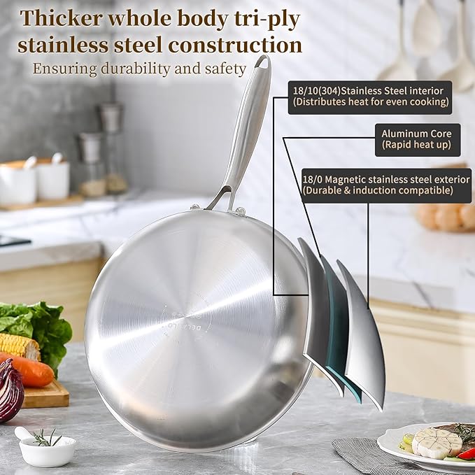 DELARLO Tri-Ply Stainless Steel Pan, 18/10 Frying Pan, Oven Safe Up to 600°F, Nontoxic Cookware, Compatible with All Cooktops Skillet, Durable, Fast Even Heat Fry Pan,10inch Steel Pan with Glass Lids