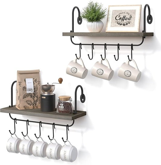 Olakee Coffee Mug Cup Holder Wall Mount, Floating Wall Shelves for Coffee Bar Organizer and Decor, Mug Rack Shelf with 10 Hooks for Kitchen Bathroom Accessories Storage Set of 2 (Weathered Grey)