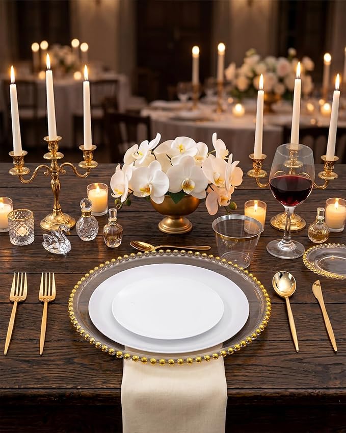 PULOTE 100PCS White Plastic Plates Disposable - Heavyweight 50 White Dinner & 50 Dessert/Salad Plates for Wedding, Party