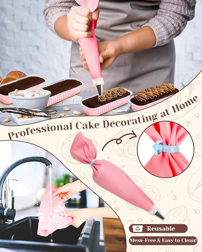 100 Pack Mini Cake Pans with Lids Spoons & 1 Piping Bag and Tips Set – 6.8oz Disposable Aluminum Foil Pink Mini Loaf Pans for Cake Tins, Baking, Gift & Parties