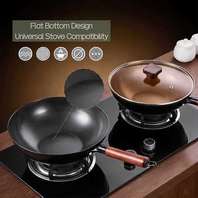 Calmabode 13" Pre-Seasoned Carbon Steel Flat Bottom Wok - Fast, Even Heating - Works on Gas, Electric & Induction - Durable Commercial-Grade - Ready-to-Use, Easy Maintenance - Toxin-Free Cooking