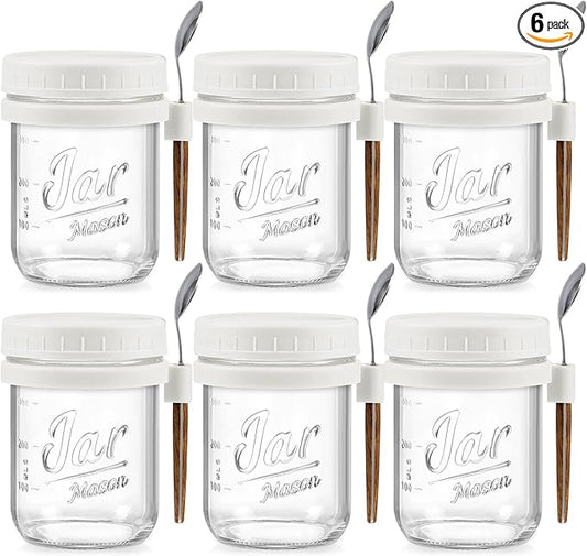 6 Pack Overnight Oats Containers with Lids and Spoons, 16 oz Glass Mason Overnight Oats Jars, Large Capacity Airtight Jars for Milk, Cereal, Fruit(White)