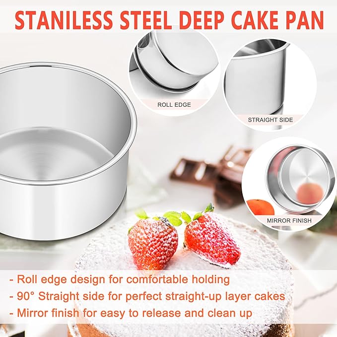 E-far 6 x 3 Inch Round Cake Pans, Stainless Steel Deep Cake Baking Pan Tin for Birthday Wedding Party Chiffon Cheesecake, Healthy Metal & Straight Side, Oven & Dishwasher Safe - Set of 2