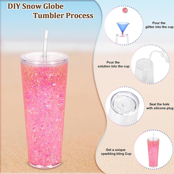 6 Pack 24Oz Snow Globe Tumblers, Double Wall Acrylic Snowglobe Cup with Pre Drilled Hole, Lids, Straws and Plug, Reusable Clear Plastic Tumbler for Snow Globe Glitter DIY
