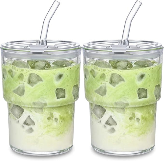 13oz Glass Tumbler with Straw and Lid, Leak Proof Iced Coffee Cup, Thick Wall BPA Free Drinking Glass Water Cups for Iced Coffee, Matcha, Smoothie and Travel-(Clear-2pack)