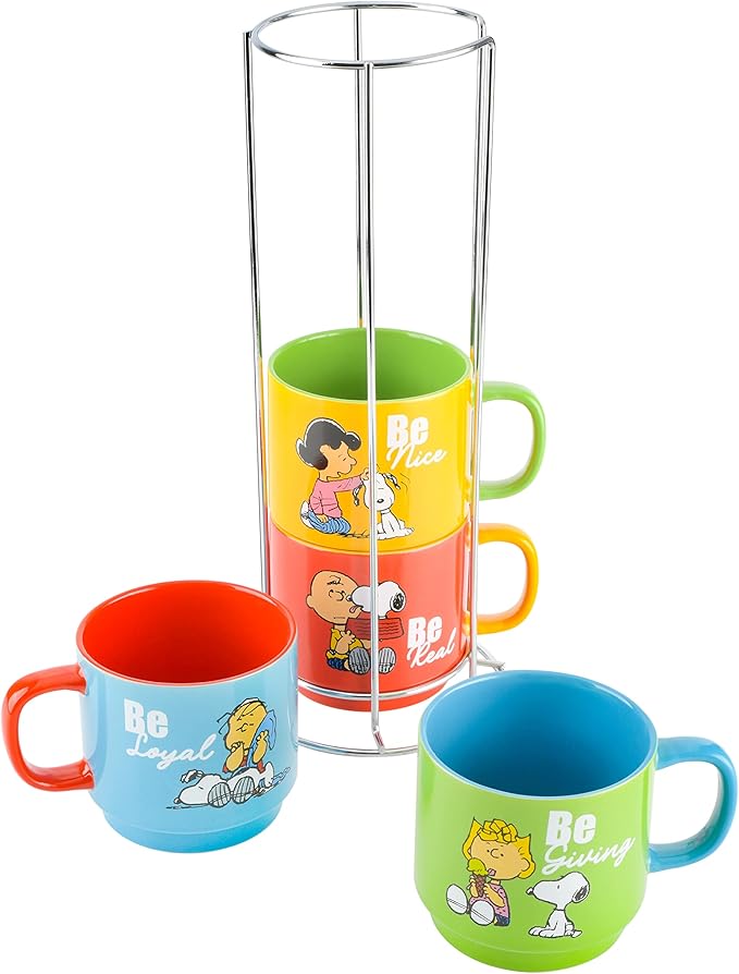 Peanuts Snoopy Gentle Reminders 15oz Stackable Mugs w/Metal Rack, Stoneware, 4-Pack, Assorted Colors