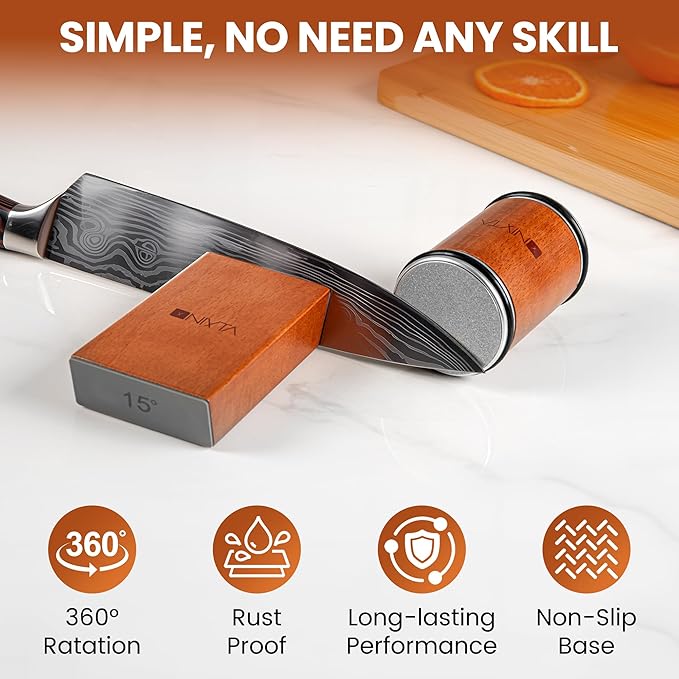 Nixta Rolling Knife Sharpener Kit – 3-Stage Manual Knife Sharpener for Kitchen, Chef & Serrated Knives – Knives Sharpener with Non-Slip Base – Knife Sharpening Kit