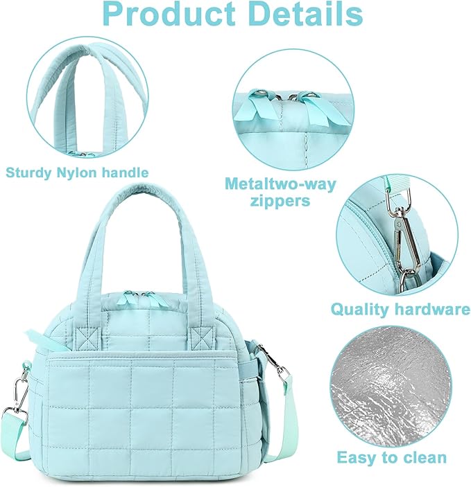 LEDAOU Lunch Box for Women Lunch Bag Quilted Puffer Lunch Box with Adjustable Strap Insulated Reusable LunchBox for Work School Picnic Travel (Sky Blue)