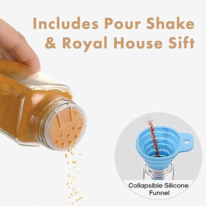 RoyalHouse 24 Pcs Glass Spice Jars/Bottles - 4oz Empty Square Spice Containers with Spice Labels and Airtight Metal Caps with Shaker Lids
