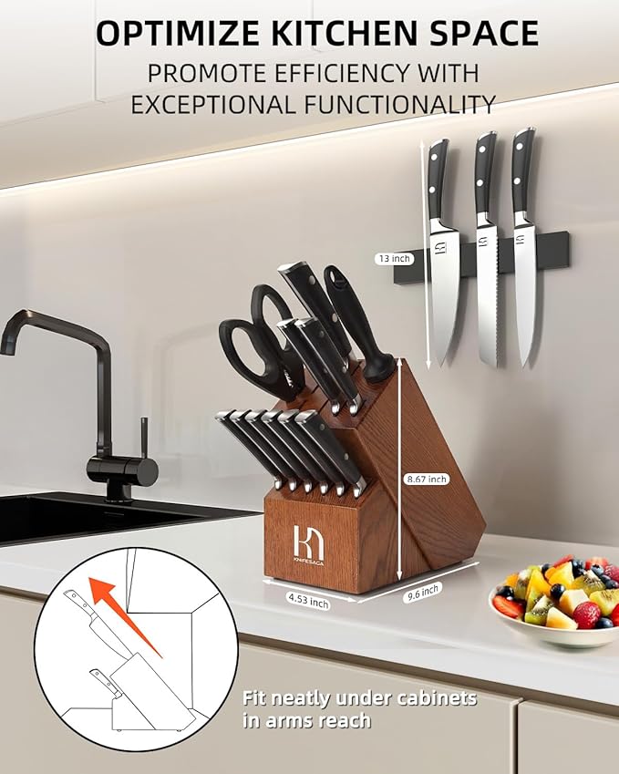 Knife Set, 15 Pcs Kitchen Knife Block Set, Enduring Razor-Sharp High Carbon Stainless Steel Chef Knife Set with Block and Sharpener, Premium Knives Set for Kitchen, Ash Wood Valentine's Gift