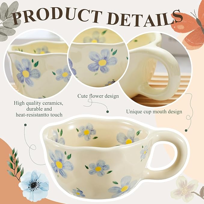 Vesici 2 Pcs Ceramic Coffee Mugs with Spoon, Vintage Floral Spring Mugs with Handle, 8.5 oz Aesthetic Flower Porcelain Tea Cup Set, Dishwasher & Microwave Safe for Home Office Gift(Vivid)