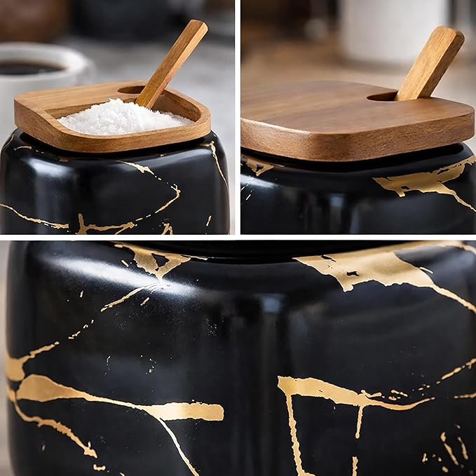 2 Sets of Marble Ceramic Seasoning Jars Ceramic Sugar Bowl with Lids，Tray and Spoons (black) …