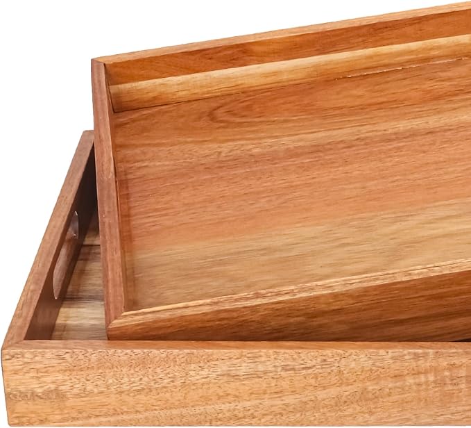 3 PCS Acacia Wood Serving Tray with Handles - 15 x 10 Inch Elegant Rectangle Wooden Tray for Food, Decorative Snack Tray, Breakfast and Kitchen Tray, Ideal Wooden Serving Platter for Homes