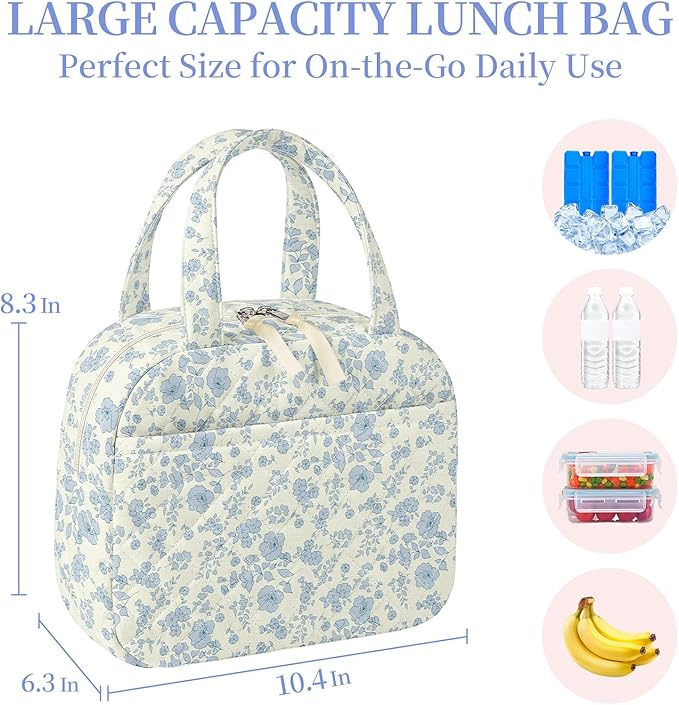 Quilted Lunch Box for Women,Coquette Aesthetic Lunch Box for Teen Girls,Cute Floral Lunch Bags for Work, School,Office,Picnic,Travel (Cute Blue Floral)
