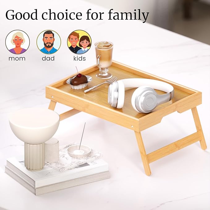 3 Pack Bamboo Bed Tray Table with Folding Legs,Breakfast Trays,Serving Tray,Laptop Tray for Working,Food Snack Tray for Bed and Sofa(Natural)