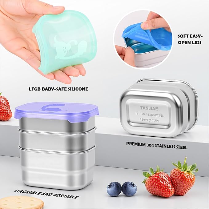 4×8oz Small Stainless Steel Snack Containers for Kids & Toddlers - 230mL Leakproof Food Containers with Cute Dino Lids | LFGB Certified, Stackable Metal Snack Box for Daycare, School, Travel