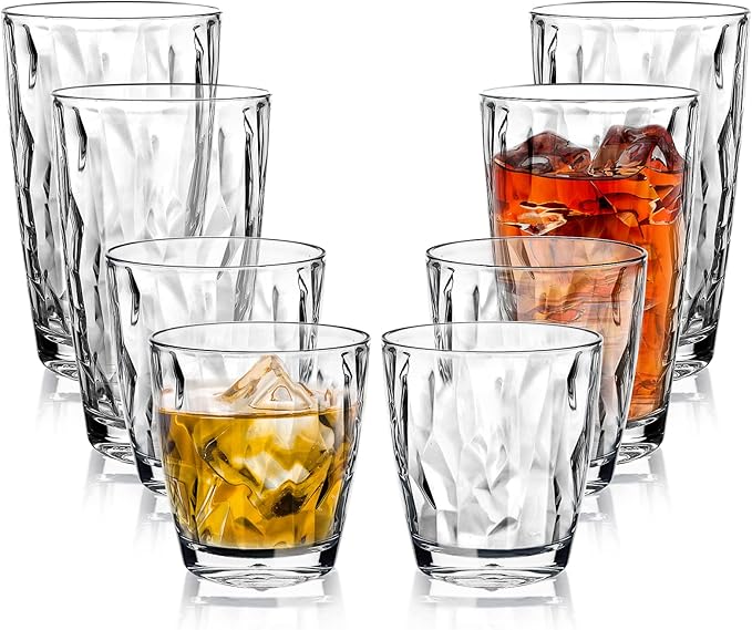 Top-spring Clear Unbreakable Plastic Drinking Glasses Set of 8-10oz and 16oz - Dishwasher Safe - Shatterproof Tumblers - Stackable Reusable BPA-free