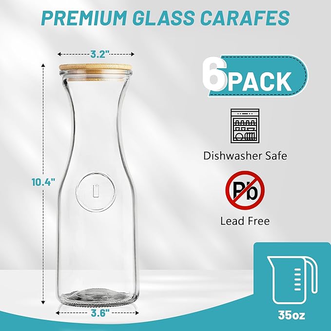 Glass Carafe with Bamboo Lid, Round 35 Oz Beverage Dispensers Carafe, Mimosa Bar Supplies, Clear Glass Pitcher with Name Labels for Iced Tea, Coffee, Juice(Set of 6)