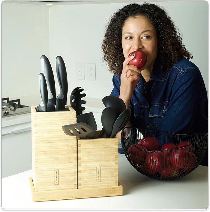 KAIZEN Bamboo Knife Block Without Knives - Perfectly Sized Universal Knife Holder for Knives, Scissors - Unique Knife Storage for Counter Top with Anti-Slip Base (Natural)