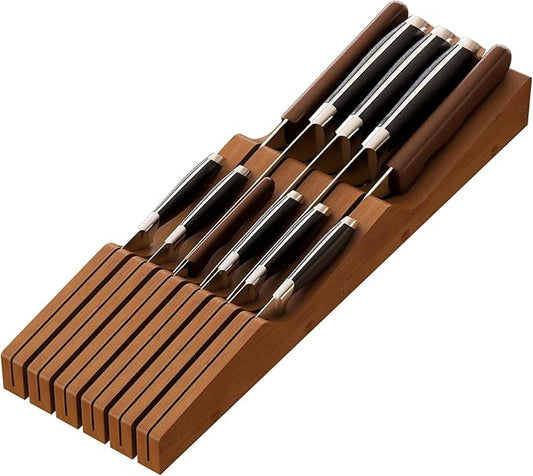 Knife Drawer Organizer, Bamboo Wood Knife Organizer Drawer Insert, Brown Knife Block Fit for 11 Knives