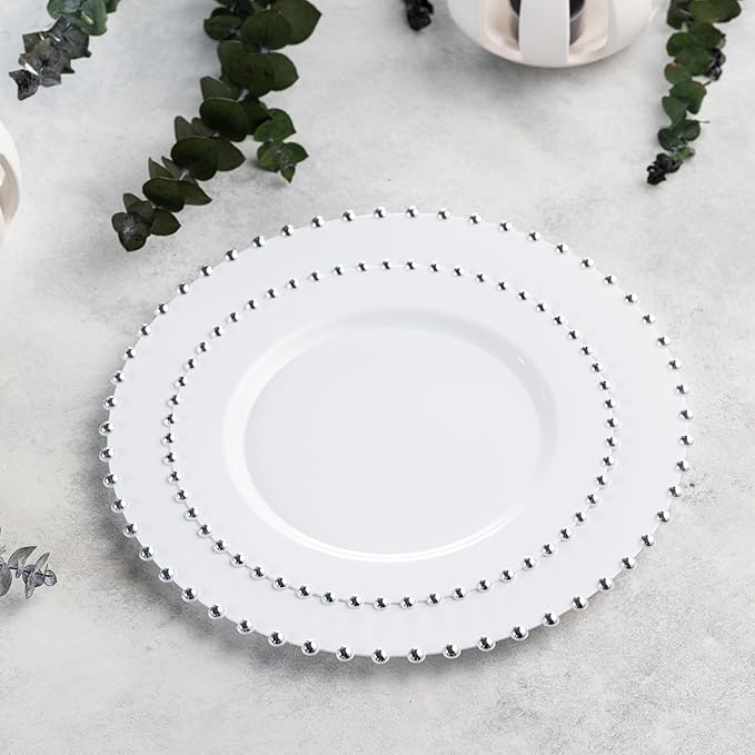 PLASTICPRO 128 Piece Combo Plastic Dinner Plates Disposable Plastic Fancy Heavy Duty Party Dishes 7 inch and 10 inch, White and Silver Beaded