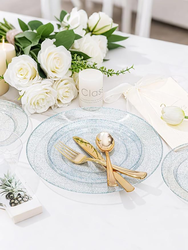 WDF 200PCS Blue Plastic Plates - Blue Glitter Plastic Plates - Heavy Duty Disposable Plates - Include 100 Dinner Plates 10" and 100 Dessert Plates 7" for Parties/Wedding/Graduation/Easter