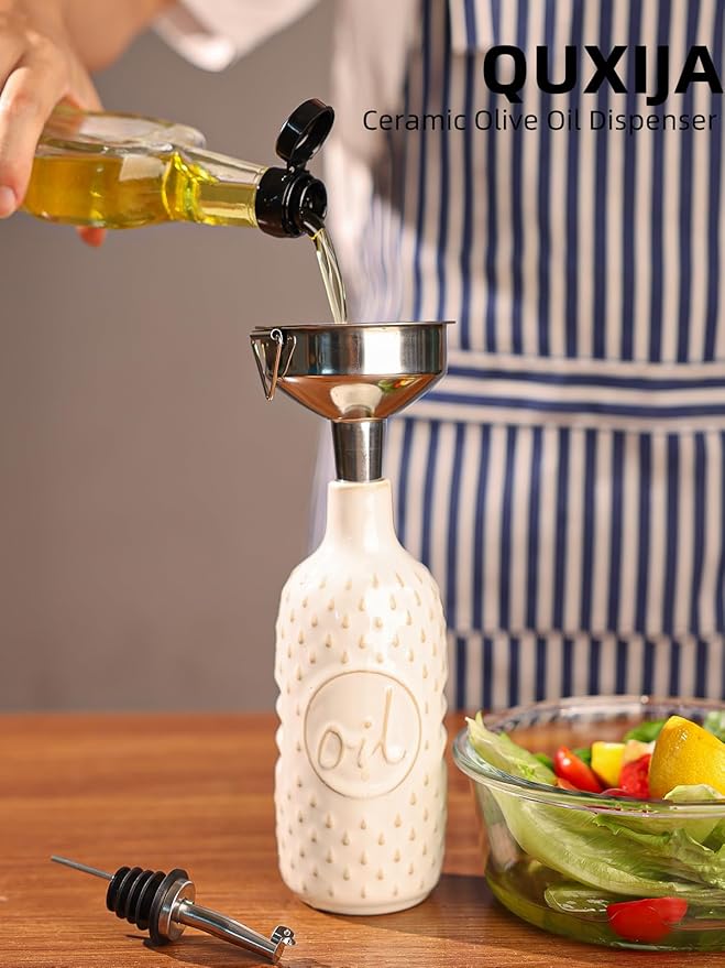 Ceramic Olive Oil Dispenser Bottle,15 Oz Oil Dispenser for Kitchen Counter,Suitable for Storage Oil, Vinegar, Coffee Syrups & Other Liquids (Vintage White)