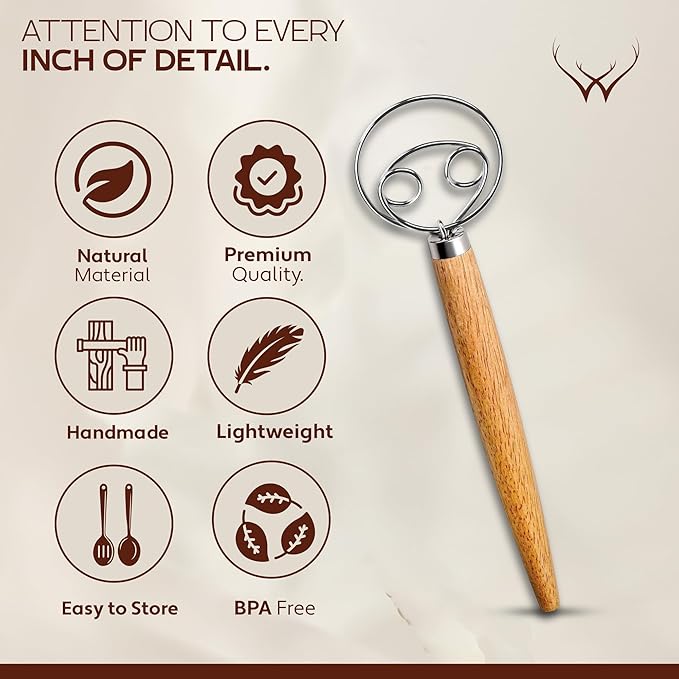 Danish Dough Whisk for sourdough 13 Inch - 304 Stainless Steel Hook with Long Wooden Handle – Essential bread whisk, artisan mixing & bread making