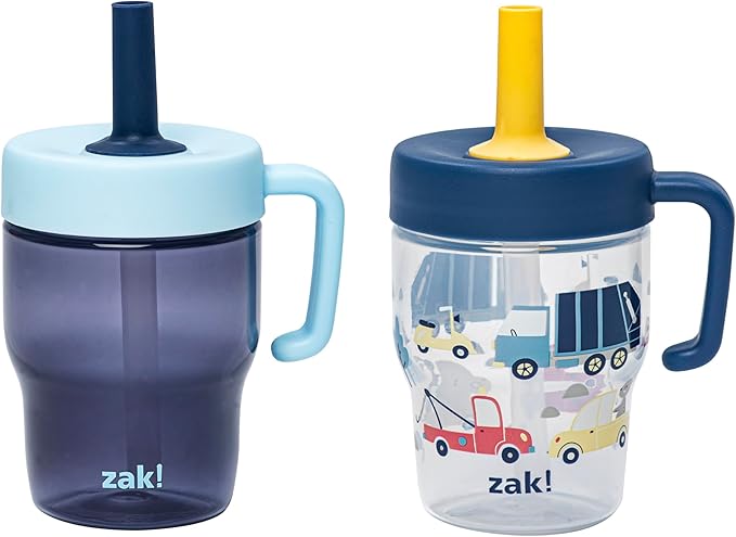 Zak Designs Capri Toddler Tumbler For Travel or At Home, 10oz 2-Pack Durable Plastic Sippy Cups With Handle and Leak-Proof Design are Perfect For Kids (Wheels, Blue)