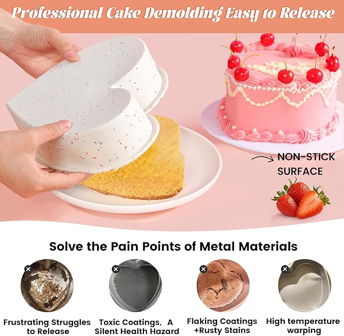SJ 3P Silicone Heart Shaped Cake Pans, 6 Inch 8 Inch 10 Inch Nonstick Cake Pan, BPA Free Silicone Heart Cake Baking Mold for Oven Dishwasher Safe-Creamdot