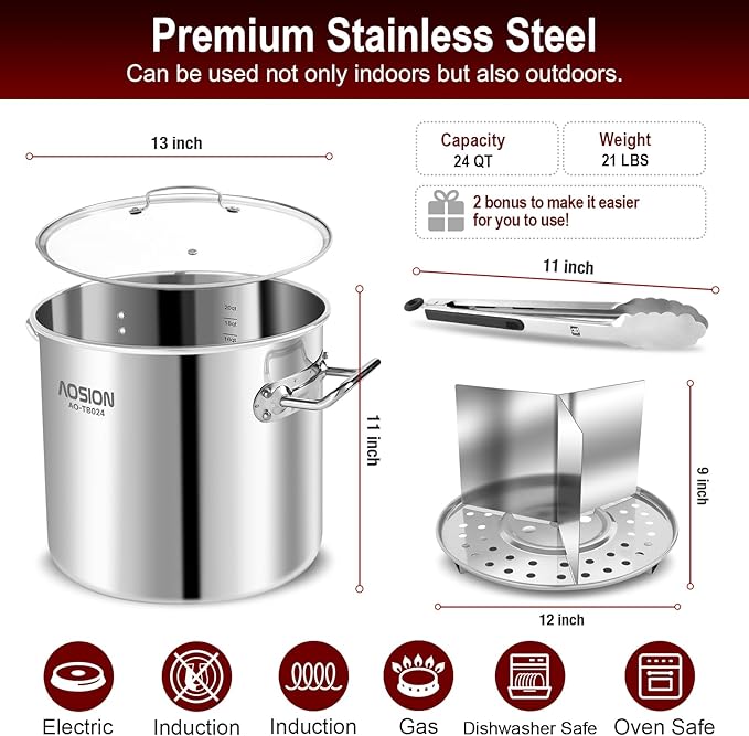 AOSION 24 Quart Stainless Steel Stock Pot With Lid, 3-IN-1 Heavy Duty Tamale Steamer Pot with Visible Lid for Pasta,Large Crawfish Pot for Cooking with Steam Rack,Dishwasher & Oven Safe.