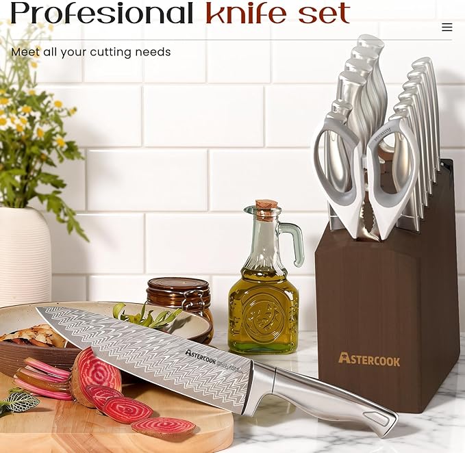 Astercook Knife Set, 15 Pieces Knife Sets for Kitchen with Block, Ultra-Sharp German High Carbon Stainless Steel Knife Block Sets with Built-in Sharpener, Dishwasher Safe Knives Set for Kitchen