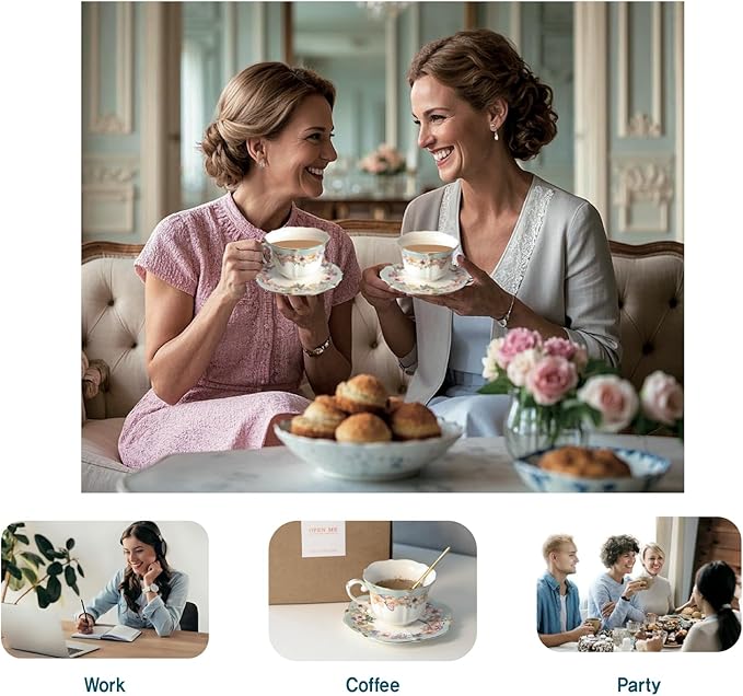 Vintage Floral Porcelain Tea Cup and Saucer Set with Spoon, Gold Trim, 6.4 oz – Set of 1, Teal – Tea & Espresso & Coffee Cups (1, Teal)