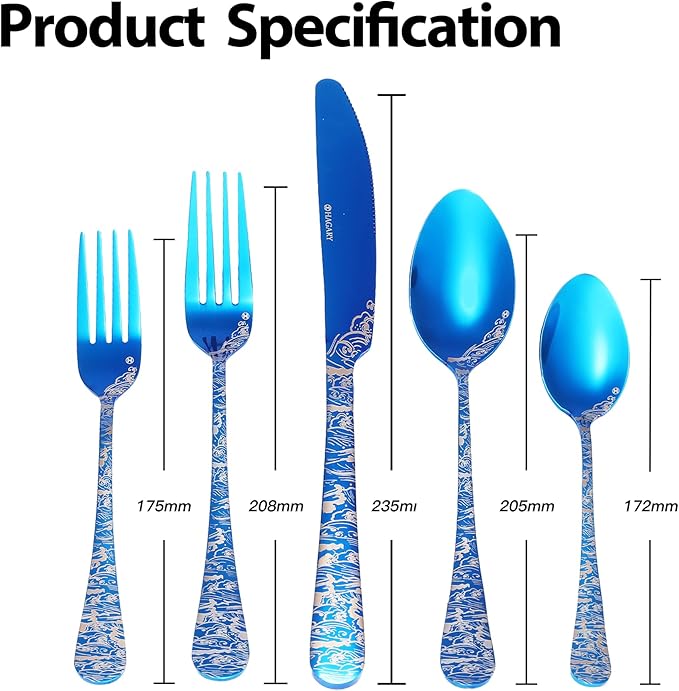 Wave Cutlery Set 20 Pieces Stainless Steel Flatware Set Service for 4 Utensils For Home Kitchen Wedding Laser Engraved Dishwasher Safe (All Blue)
