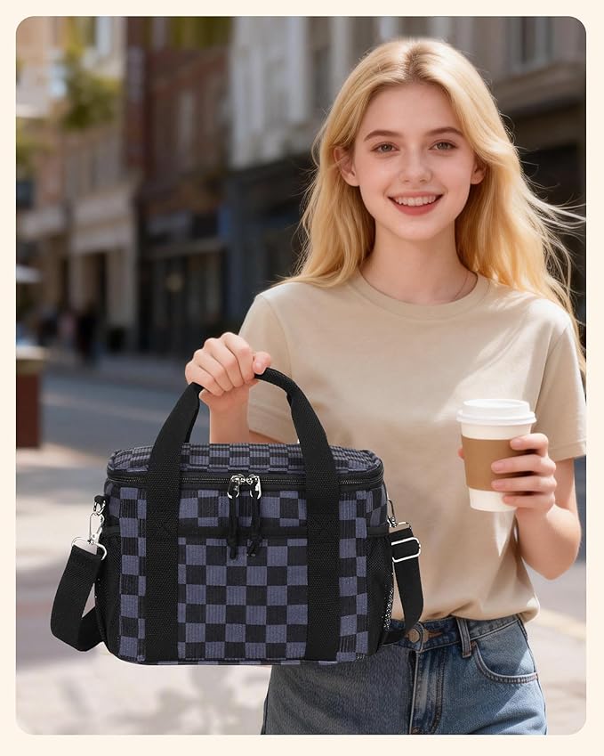 LOIDOU Lunch Box for Women Men Insulated Corduroy Lunch Bag Cooler Leakproof Reusable Adult Lunchbox Adjustable Strap lunch tote for Work Office Picnic, Gray-Black Grid