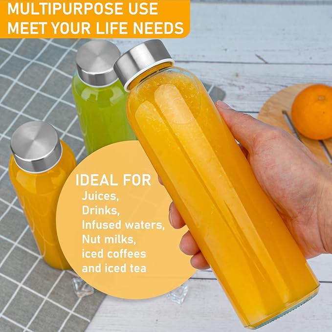 Sursip [12 Pack] 18 oz Glass Water Bottles with Lids, Juice Bottles, Clear glass juice bottle for juicing, Eco-Friendly Reusable Glass Juicing Bottles with Stainless Steel Lid, BPA Free,Leak-Proof
