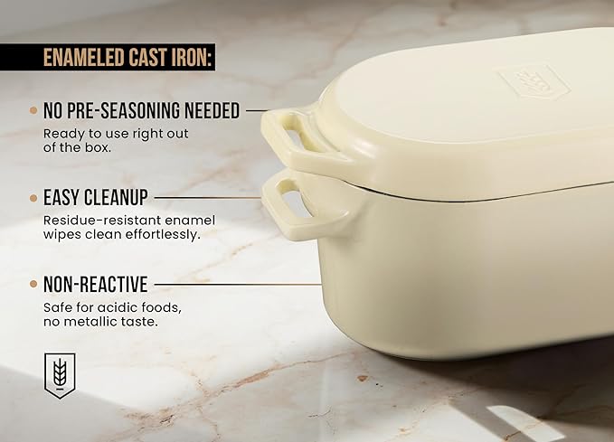 KooK Enameled Cast Iron Dutch Oven for Sourdough Bread Baking - 3.4 Qt Pot with Lid for Even Heat Distribution - Includes Silicon Bread Sling and Recipe Book for Home Bakers