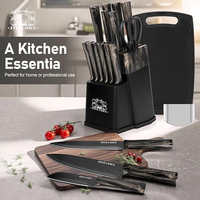 16-Piece Kitchen Knife Block Set with Cutting Board - German Stainless Steel Knives, Built-In Sharpener, Dishwasher Safe, Anti-Slip Handle - All-in-One Cutlery Set for Home/Kitchen