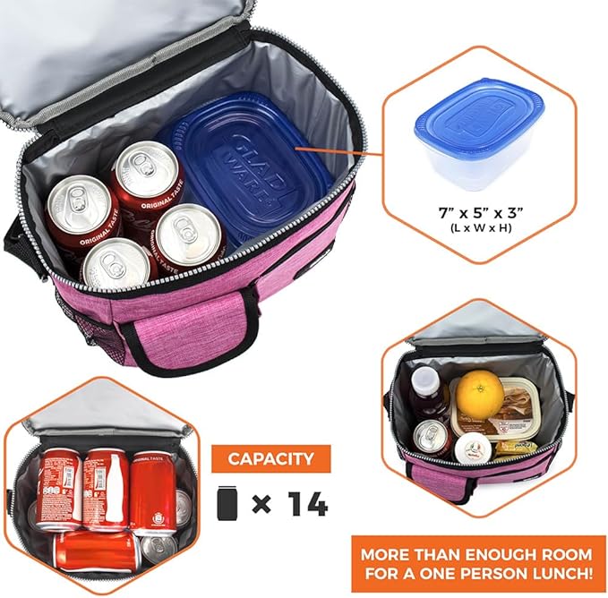 opux Insulated Lunch Bag for Men Women, Leakproof Heather Pink Lunch Box for Work, Portable Soft Lunch Cooler Bag with Shoulder Strap, Adult Lunchbox Lunch Pail for Kid Boy Girl School, 14 Can/8L