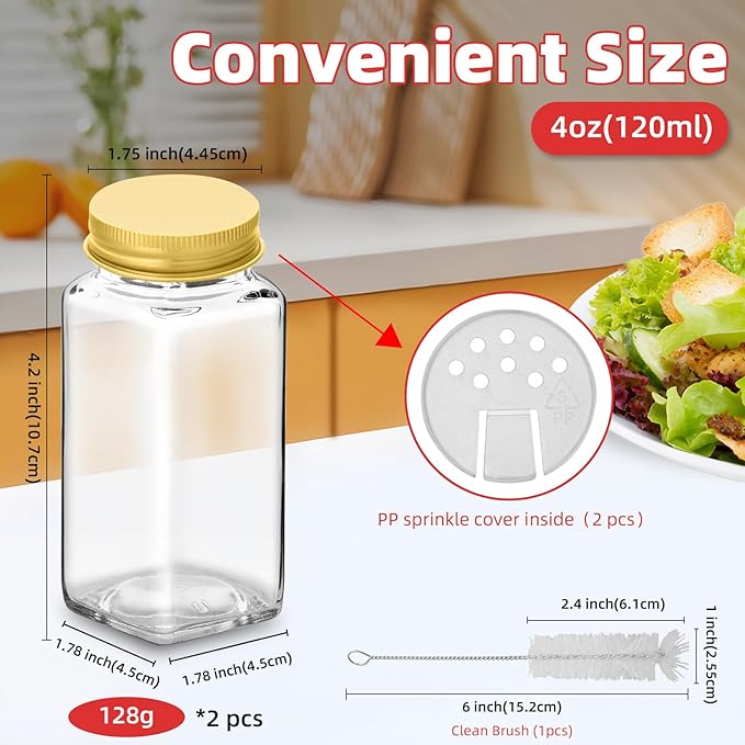 2Pcs 4oz Glass Spice Jars with Shaker Lids, Spice Jars Trial Set & Supplement Set, Empty Spice Containers and Square Spice Bottles for Kitchen (Gold iron Lids)