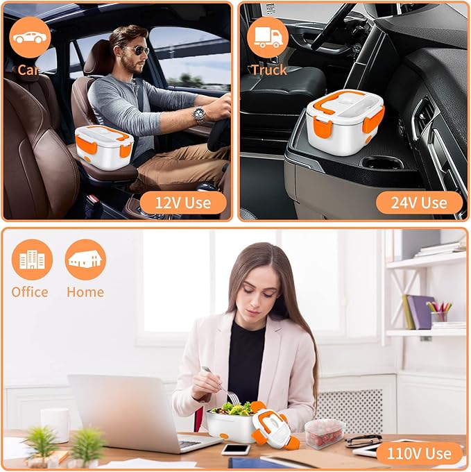 Electric Lunch Box, Food Warmer Heater 12V 24V 110V, 80W Faster Heated Lunch Box for Car/Truck/Home Portable Heating Boxes with 1.5L 304 SS Container Fork & Spoon, White+Orange