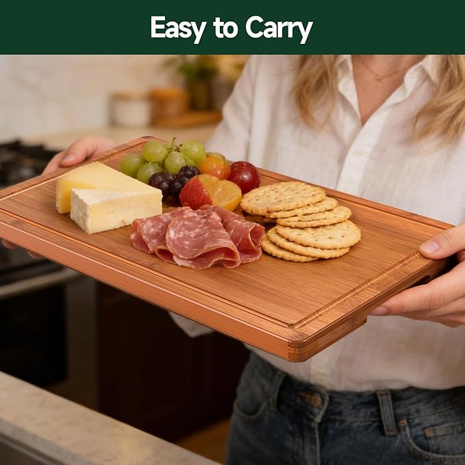 4-Piece Set Bamboo Cutting Board for Kitchen - Crack-Resistant Wood Chopping Boards with Deep Juice Grooves, Pre-Oiled Butcher Block for Meat, Vegetables & Cheese, Carbonized