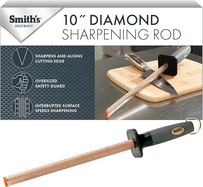Smith’s 3001 10” Oval Diamond Sharpening Steel Rod – Grey – Oval Design – Rubber Grip Handle – Plastic Sharpening Tip