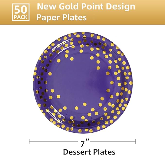 Purple & Gold Dots Party Paper Plates, 50 PCS Disposable Party Supplies Dessert Paper Plates for Birthday,Wedding Birdal Christmas Mardi Gras (7 inches)